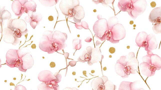 Seamless watercolor orchid pattern with soft pink and white flowers and golden decorative elements