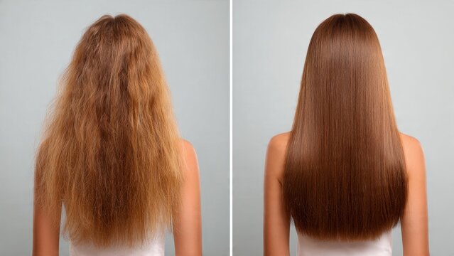 Stunning hair transformation: from damaged and frizzy to smooth, shiny, and healthy, illustrating effective hair treatment results. Before and after hair care concept.