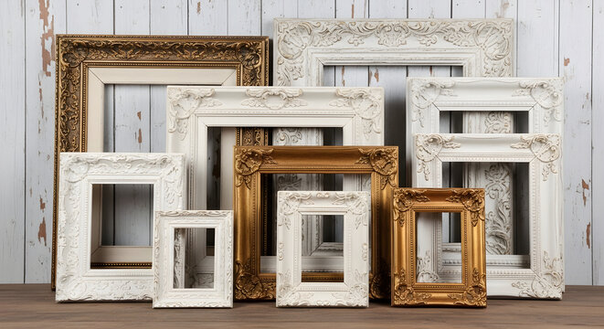 A collection of various old picture frames arranged on a wooden surface against a rustic wall backdrop.