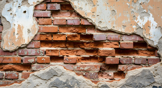 Close-up view of a damaged brick wall with peeling plaster layers
