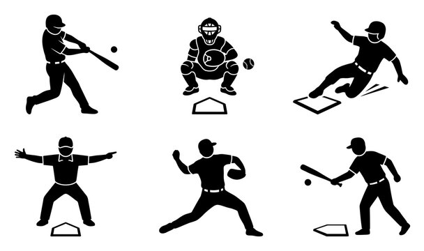 Baseball player silhouette set with home plate vector. Featuring batter, pitcher, catcher, umpire, and runner in action poses for sports design