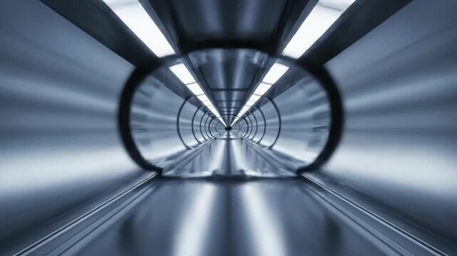 Fast forward movement through a futuristic metallic sci-fi tunnel corridor with glowing lights