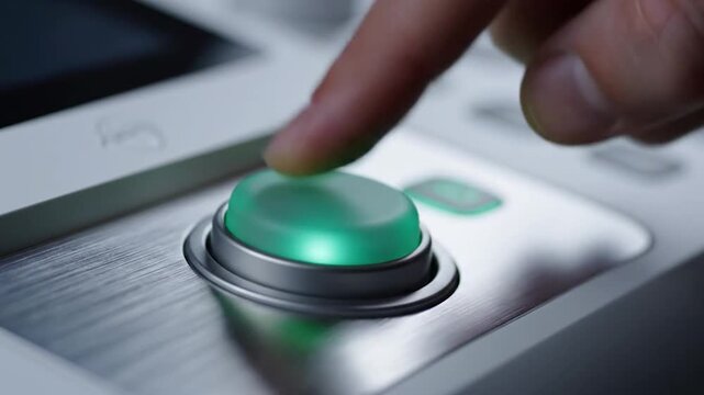 A human finger presses a glowing blue button on a modern metallic control panel interface