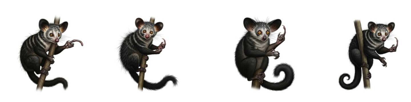 Aye-aye lemur animal collection set perched on wooden branches on black