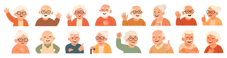 Set of old senior people avatar. Older person happy smiling face. Elderly man, woman character. Grandfather, grandmother icon collection. Vector flat illustration