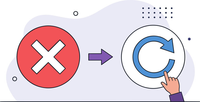 A hand clicks on a circular refresh button replacing a red cross symbol