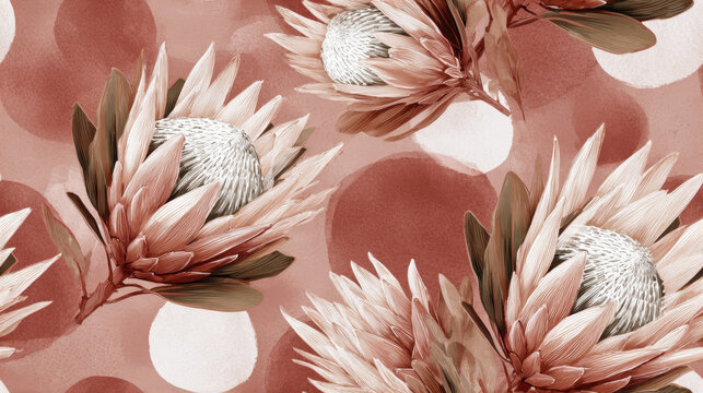 Seamless pattern with watercolor protea flowers and abstract circular shapes on terracotta background, modern artistic botanical design