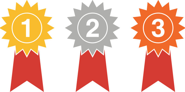 Award ribbon badges set with 1st 2nd 3rd place medals for competition ranking and achievement concept, shiny metallic gold silver bronze winner icons, clean vector design for awards and recognition 