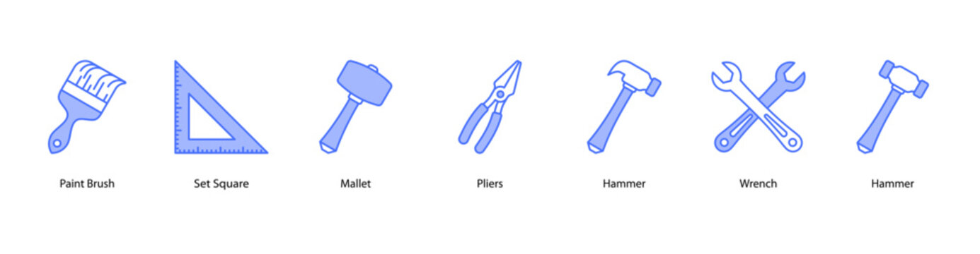 Construction Gear web banner icon vector illustration featuring Paint Brush, Set Square, Mallet, Pliers, Hammer, Wrench, and Hammer.