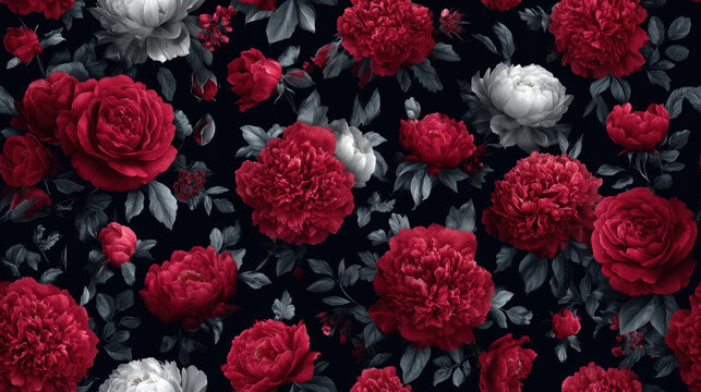 Seamless pattern with lush red peonies and roses combined with soft grey foliage on deep dark background, dramatic floral composition