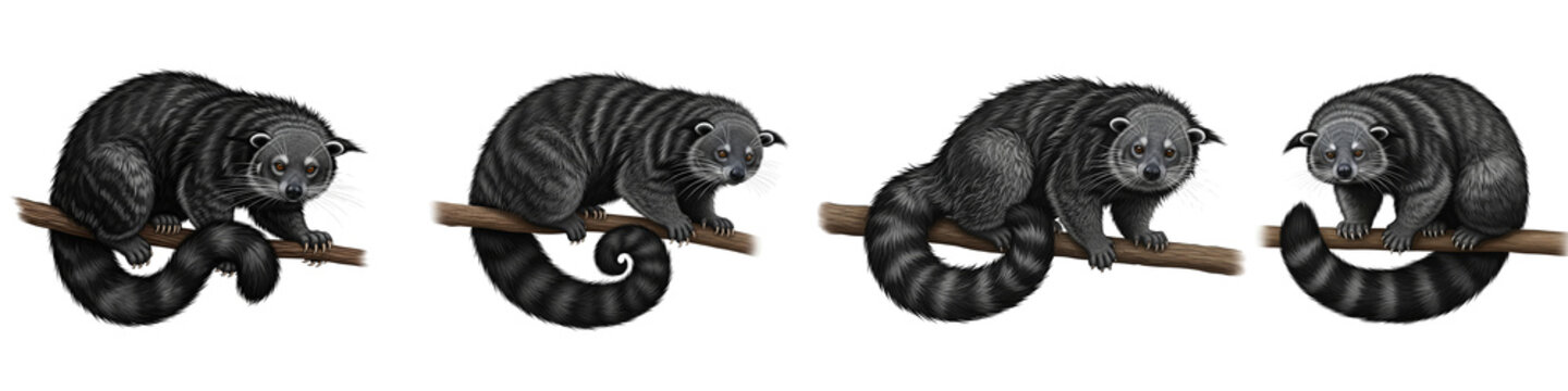 Collection of Asian palm civets perched on wooden branches isolated on black