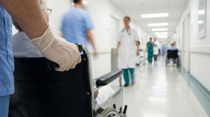 Fototapeta premium Nurse Pushing Elderly Patient in Wheelchair through Hospital Hallway