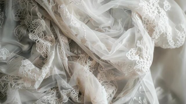 Delicate, intricate lace fabric with floral patterns in soft focus