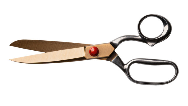 Heavy duty tailor scissors with brass pivot and red accent, isolated on transparent background