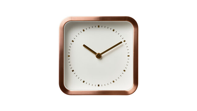 Modern square copper framed clock with white face and gold hands, isolated on transparent background