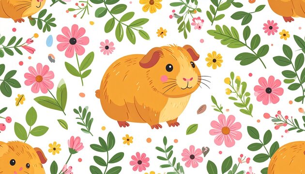 Adorable Guinea Pig Surrounded by Flowers - A Cheerful Springtime Illustration.