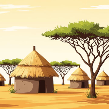 Detailed flat vector illustration of an African village landscape featuring traditional mud huts with straw roofs, surrounded by acacia trees on a dry savanna under a clear sky.