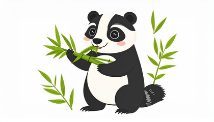 Naklejka premium Adorable Panda Cartoon Character Eating Bamboo Leaves Illustration.