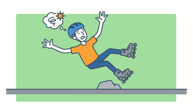 A person on rollerblades, wearing a helmet, experiences an unexpected fall after tripping over a small rock, illustrating a common accident or mishap.