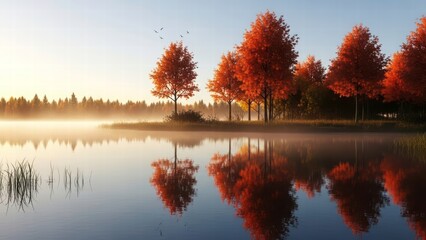 Obraz premium Autumn Reflection: A serene vista of trees ablaze with autumn hues is mirrored in the calm waters of a lake, with fog drifting gently. Capturing the beauty of the season.