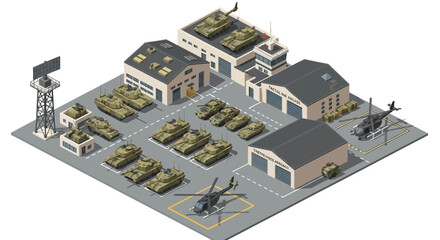 Isometric vector illustration showing a military base design, complete with tanks, helicopters, and various buildings, set against a clean white background and rendered with a simple © Ganbate