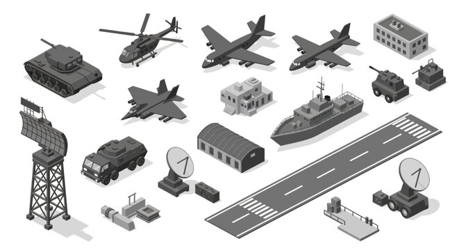 Isometric vector illustration showing assorted military transport and base elements, designed in 3D with a neutral color palette, arranged on a white background to represent a strategic
