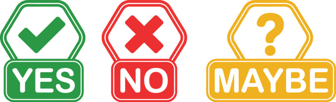 Check cross and question mark icon signs with yes no maybe labels, minimal vector template design featuring tick correct symbol wrong cross and query icons for user interface and survey graphics.