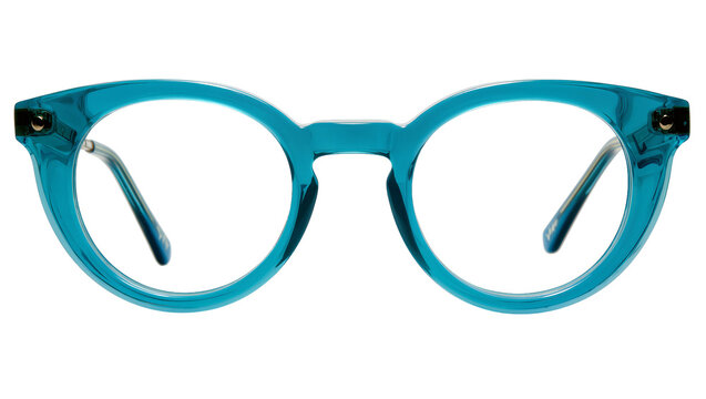 Translucent teal acetate eyeglasses with round lenses, isolated on transparent background