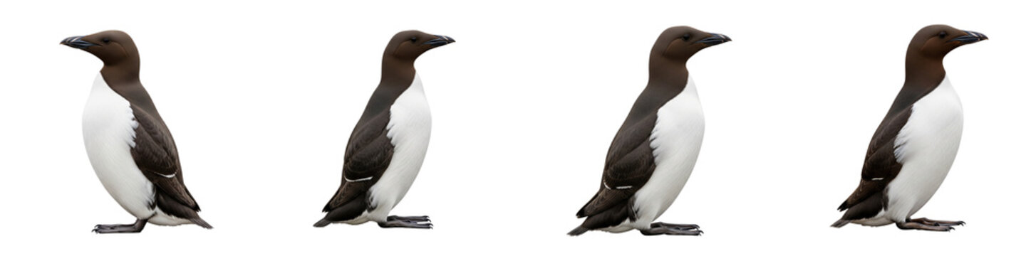 Collection of common guillemots standing in profile isolated on black