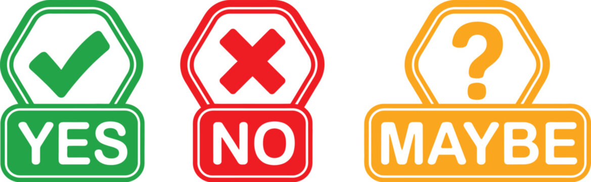 Check cross and question mark icon sign set, yes no maybe symbol labels template, clean vector design with tick mark wrong cross and question icons for decision making and infographics.