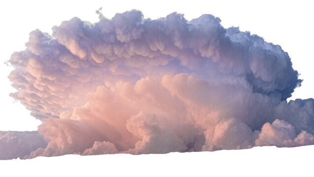 Massive cumulonimbus cloud formation with pink and purple hues, isolated on transparent background