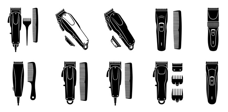 Barber salon equipment silhouette pack featuring electric hair clippers with comb and trimmer guards isolated vector illustration