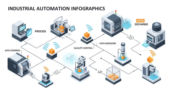 Isometric illustration showcases industry 4.0 with robotic factory automation, data exchange, and quality control processes connected in a technological network, set against a clean white