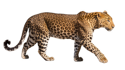 Fototapeta premium Leopard with spotted fur walking, isolated on transparent background