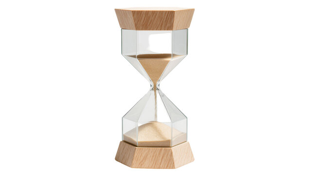 Modern wooden and glass hourglass with sand, isolated on transparent background