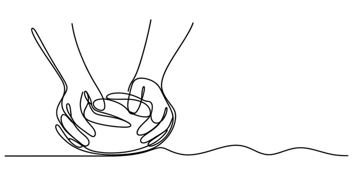 Continuous single line drawing of two hands kneading dough into a circular shape on a surface Vector, illustration
