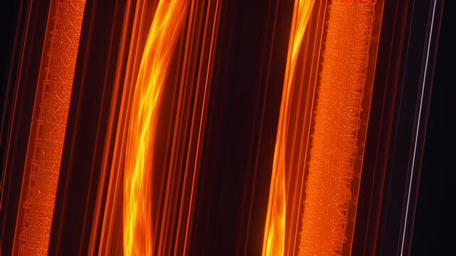 Futuristic solid-state battery charging with orange energy flow, clean energy technology 4K.