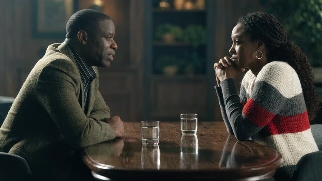 Medium shot of a lending intermediary discussing loan options with a borrower in a private meeting room focus on attentive faces with blurred office decor behind