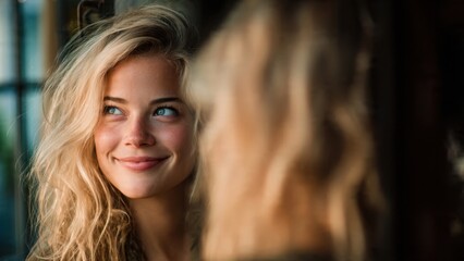 Fototapeta premium Portrait of a beautiful young blonde woman with a radiant smile and long wavy hair, looking upwards thoughtfully in natural light, evoking happiness and serenity.