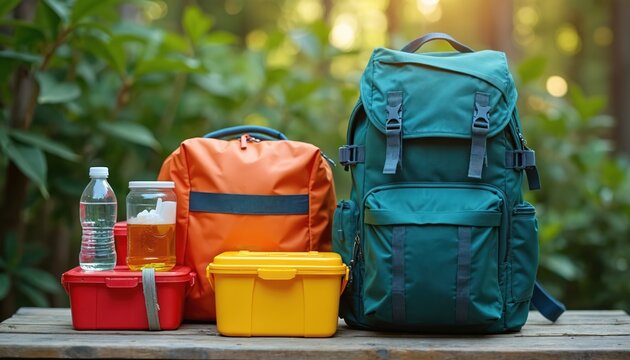 Two backpacks and containers with water and food sit on a wooden table outdoors. Plants provides a natural, blurred background. Outdoor gear is ready for a trip or emergency situation.