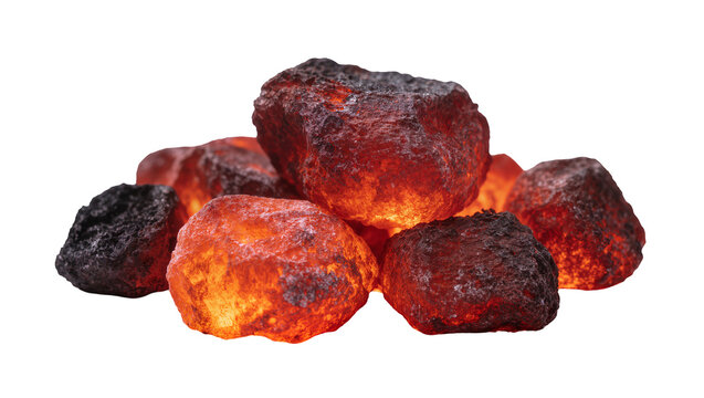 Glowing hot embers of charcoal, isolated on transparent background