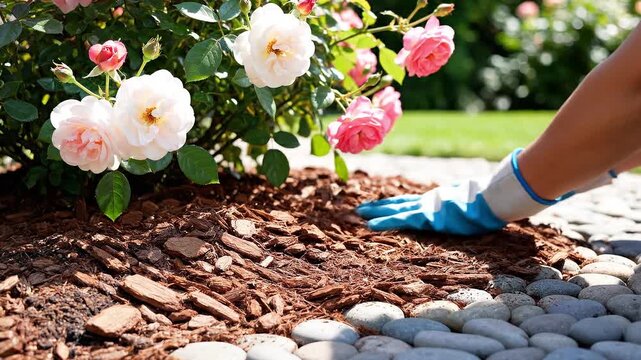 Gardener wearing gloves carefully mulches around blooming roses and decorative stones in sunny garden.
