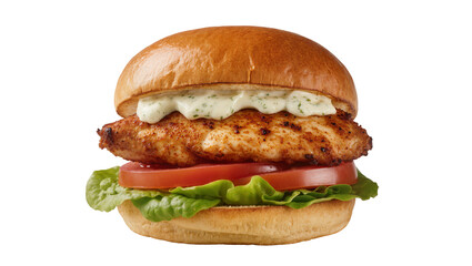 Juicy grilled chicken breast burger with lettuce tomato and creamy sauce, isolated on transparent...
