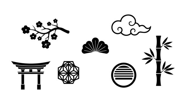 Collection of traditional japanese cultural icons in black silhouette a torii gate cherry blossoms bamboo clouds geometric patterns with geometric pattern east asia silhouette