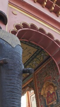 Jaipur, Rajasthan, India. Statue Of raja on elephant. Patrika Gate At Jawahar Circle. Old Pink C...
