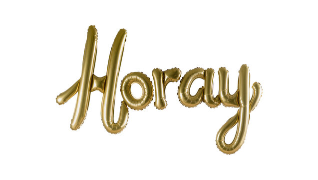Golden metallic script balloons spelling Horay , isolated on transparent background