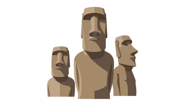 Three Moai statues standing in a row on a plain white background with a minimalist and neutral mood.