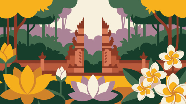 Traditional Balinese temple gate with lush tropical flowers and serene water lilies.