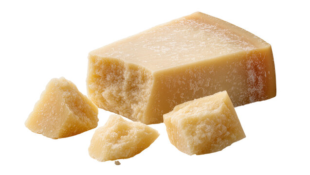 Wedge and chunks of aged Parmesan cheese, isolated on transparent background
