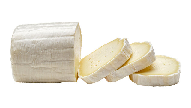 Fresh goat cheese log with three slices, isolated on transparent background
